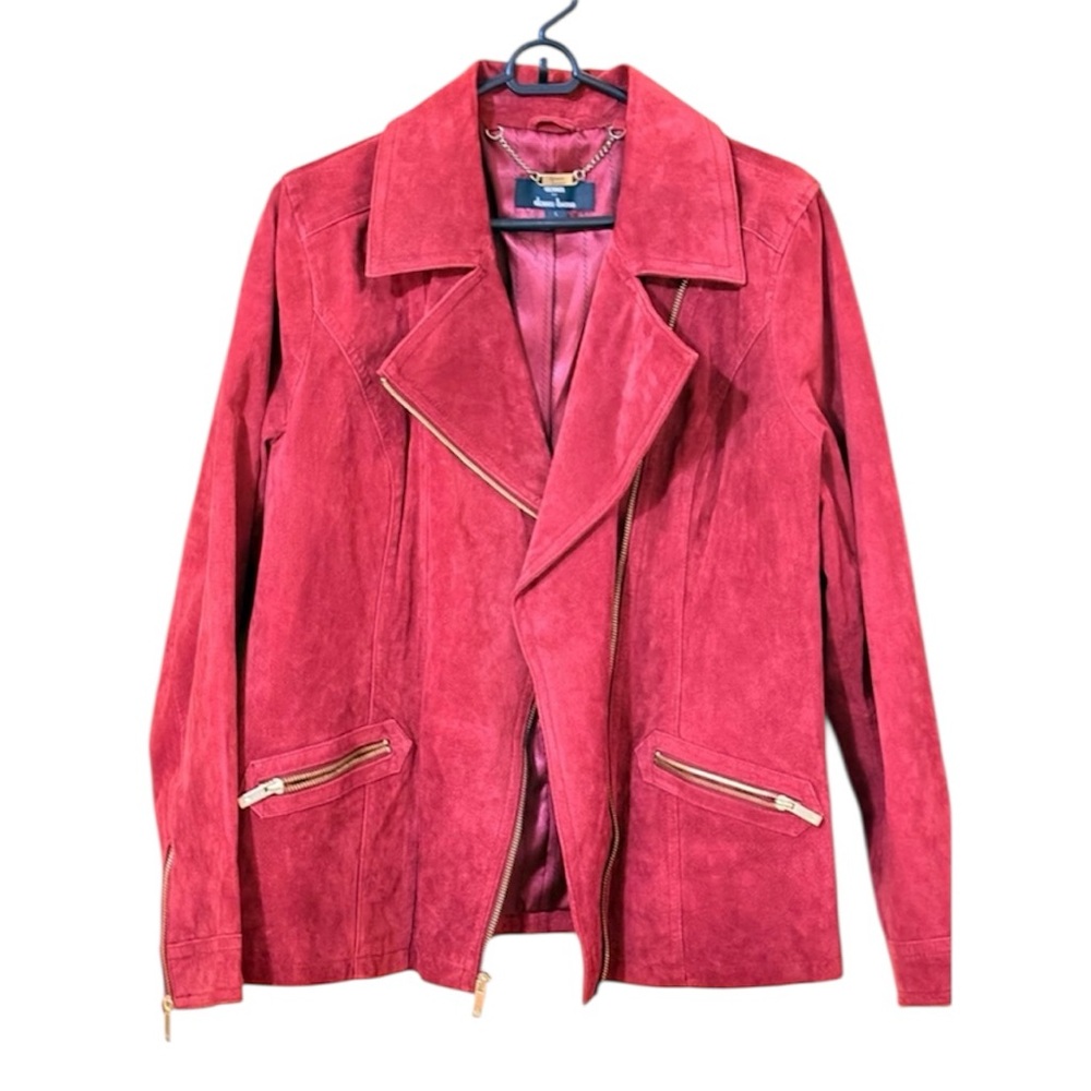 Dennis Basso Genuine Suede Leather Moto Jacket Red Asymmetrical Zip Size L